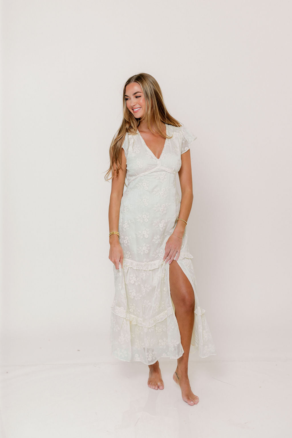 Eleanora Lace Embroidered Tiered Maxi Dress in Buttercream