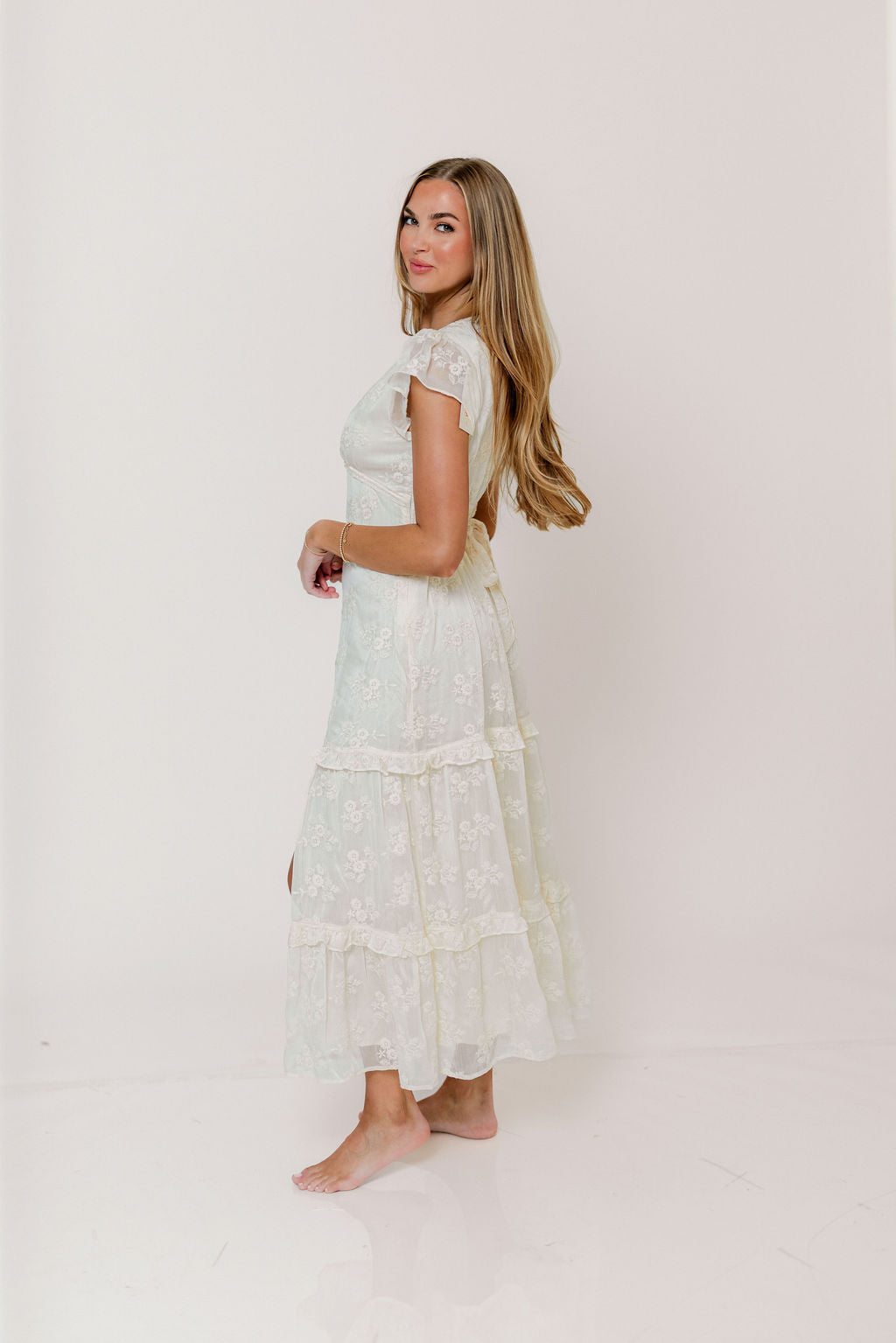 Eleanora Lace Embroidered Tiered Maxi Dress in Buttercream