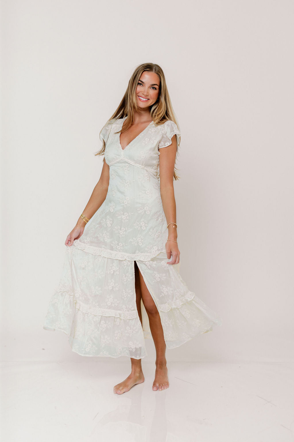 Eleanora Lace Embroidered Tiered Maxi Dress in Buttercream