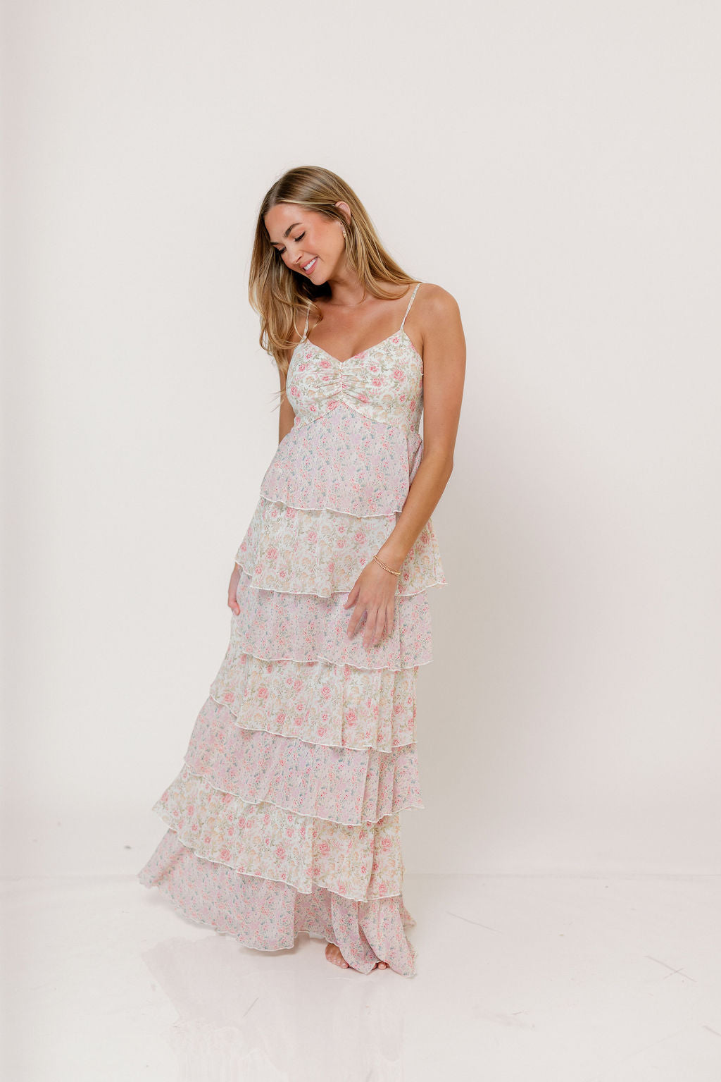 Reina Floral Tiered Maxi Dress in Pink Multi