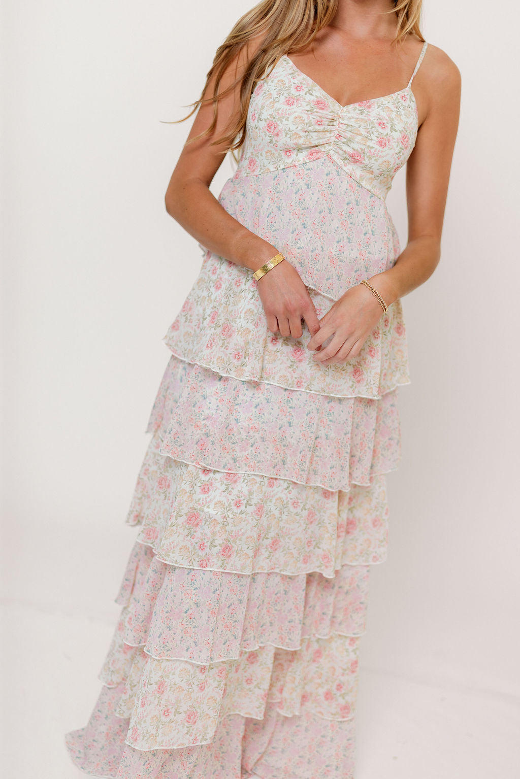 Reina Floral Tiered Maxi Dress in Pink Multi