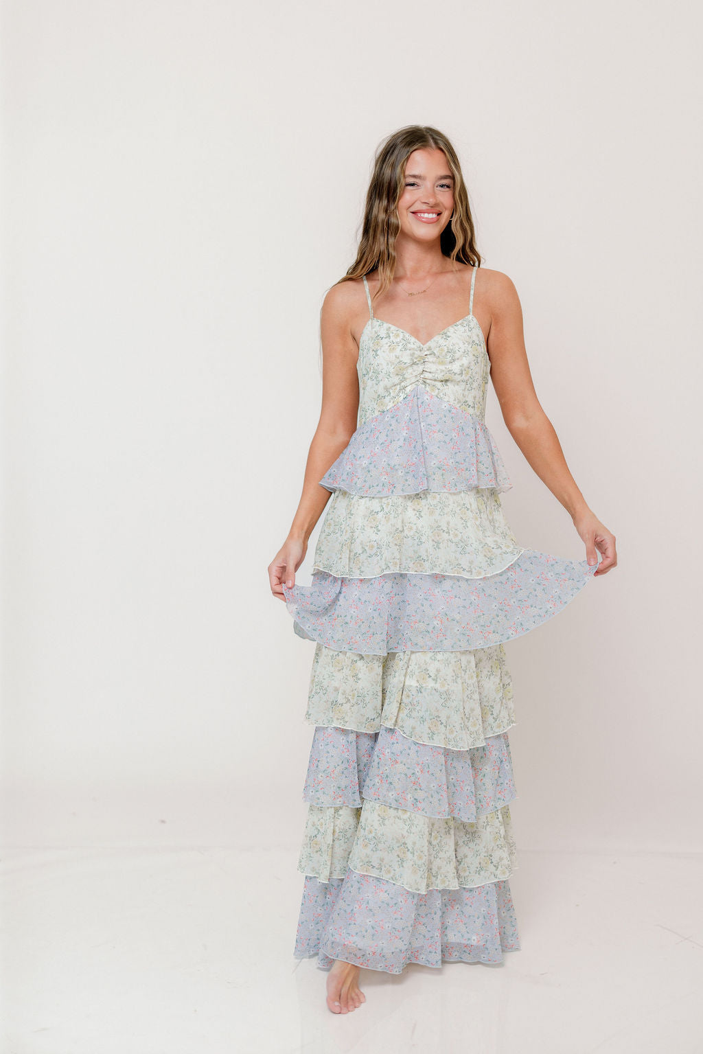 Reina Floral Tiered Maxi Dress in Green Multi