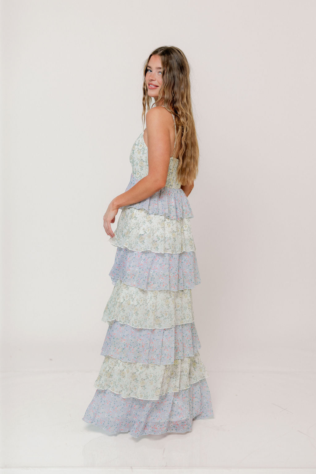 Reina Floral Tiered Maxi Dress in Green Multi