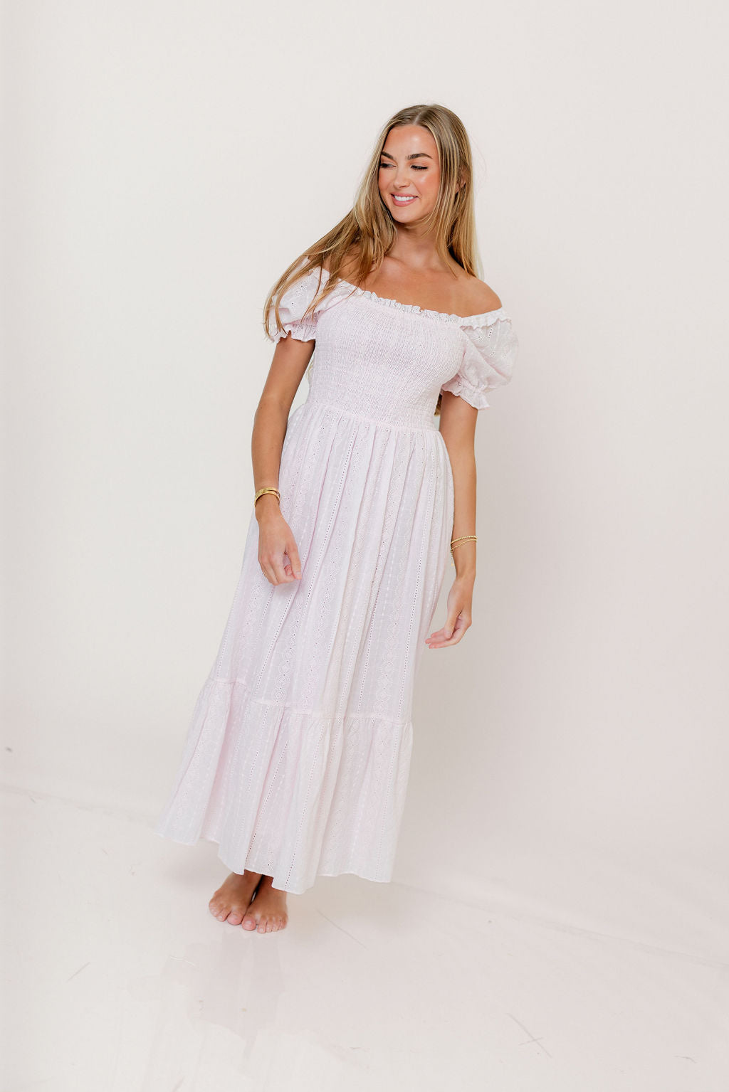Abigail Smocked Eyelet Lace Maxi Dress in Pink Salt