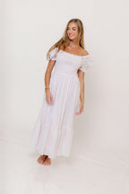 Abigail Smocked Eyelet Lace Maxi Dress in Pink Salt