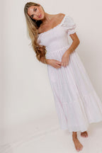 Abigail Smocked Eyelet Lace Maxi Dress in Pink Salt