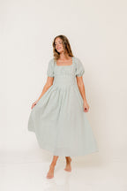 Briana Gingham Basque Puff Sleeve Maxi Dress in Lily Pad