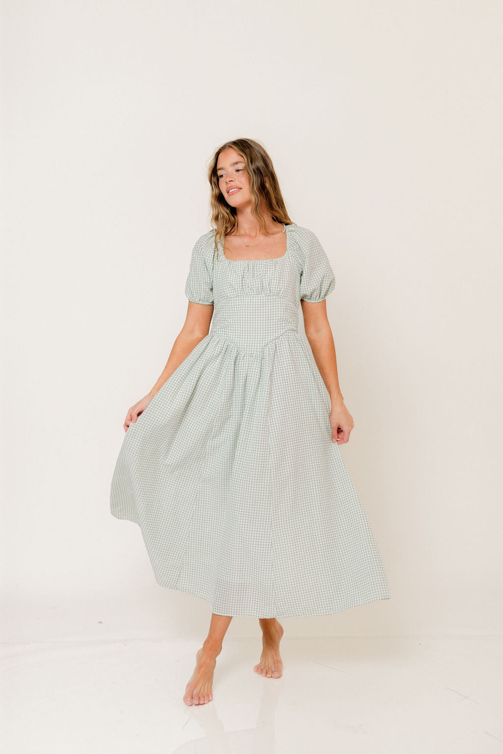 Briana Gingham Basque Puff Sleeve Maxi Dress in Lily Pad