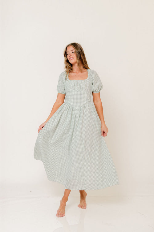 Briana Gingham Basque Puff Sleeve Maxi Dress in Lily Pad