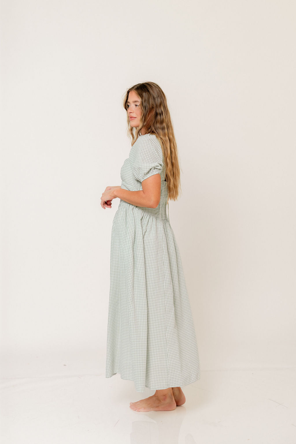 Briana Gingham Basque Puff Sleeve Maxi Dress in Lily Pad