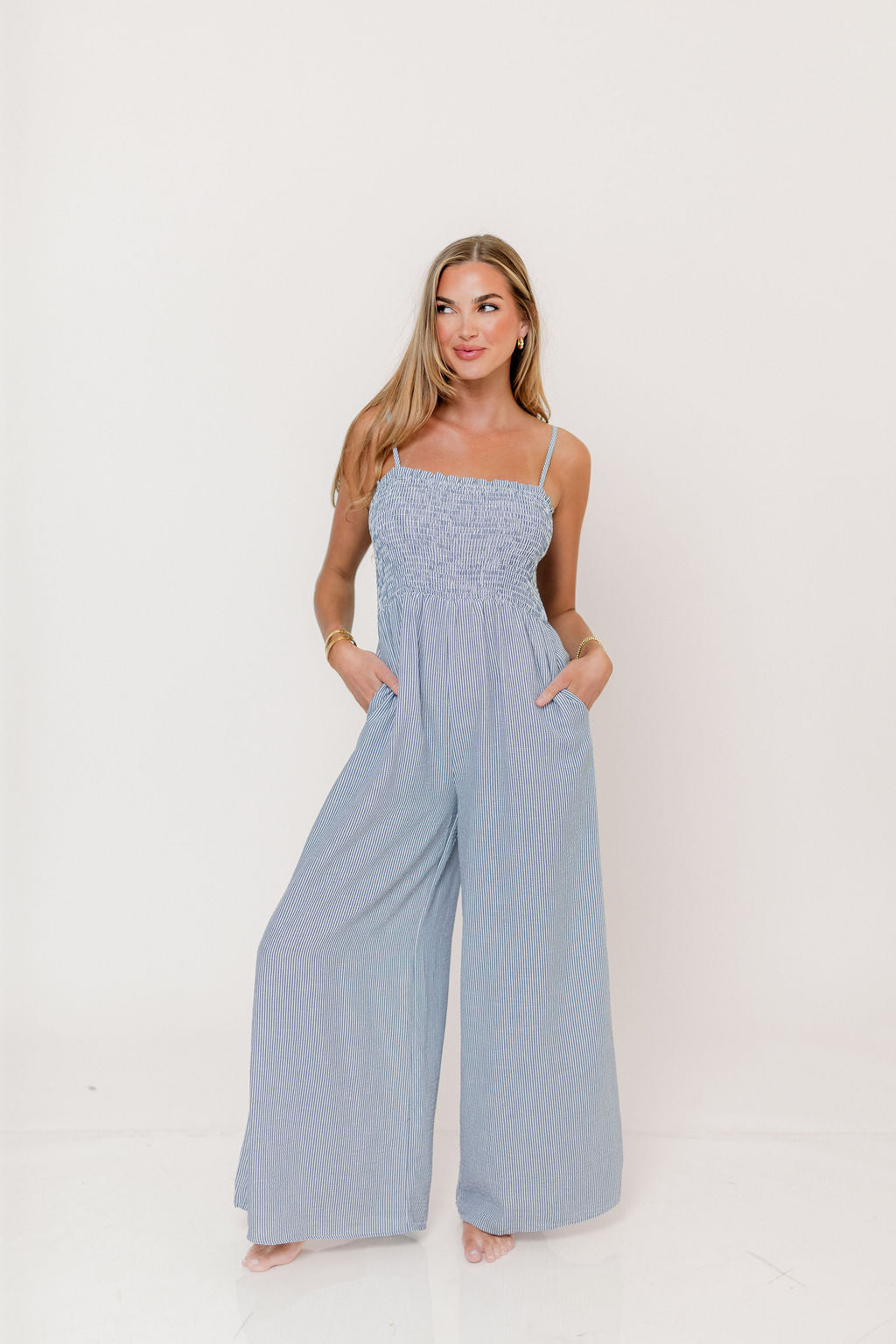 Garden Sun Smocked Jumpsuit in Blue