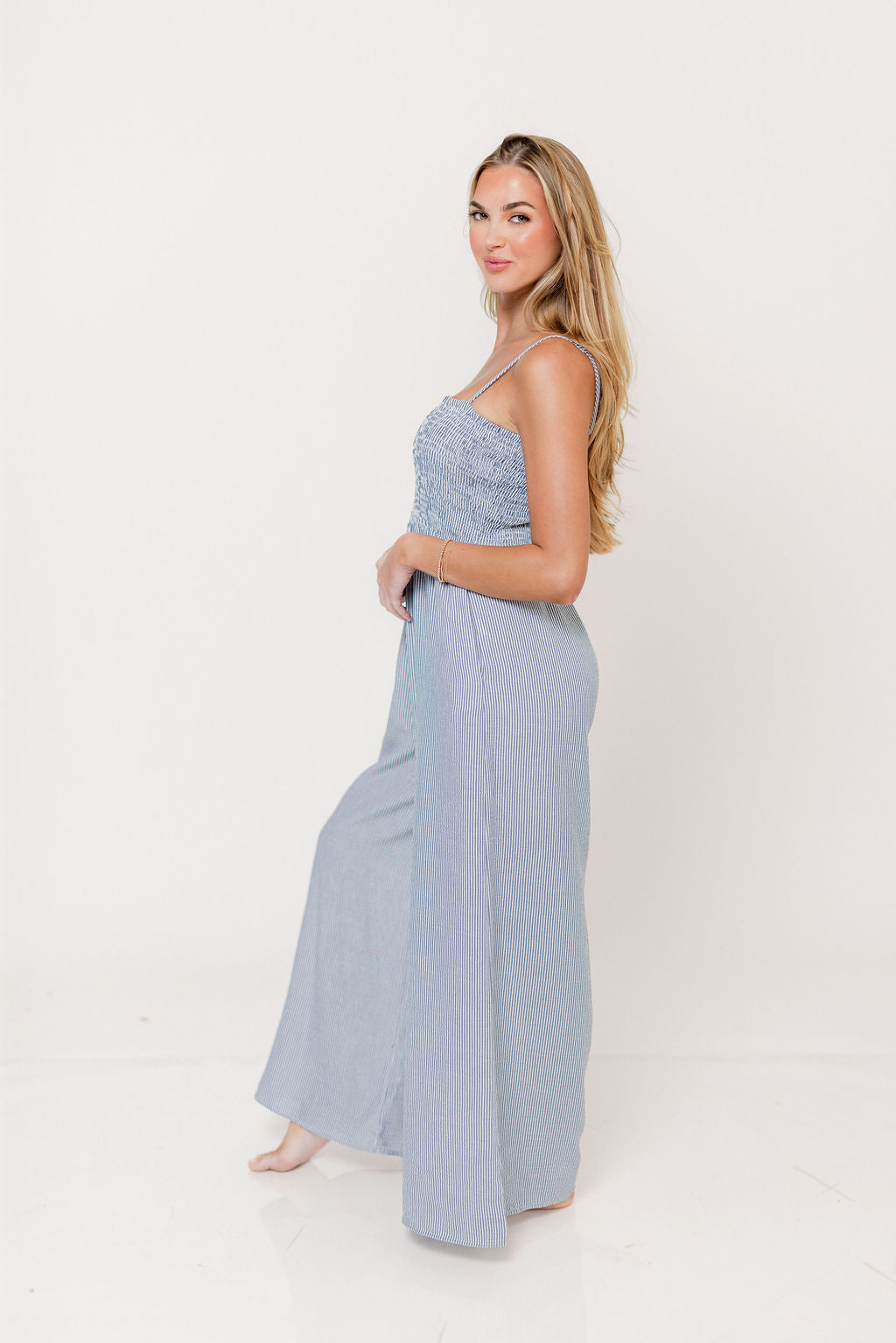 Garden Sun Smocked Jumpsuit in Blue