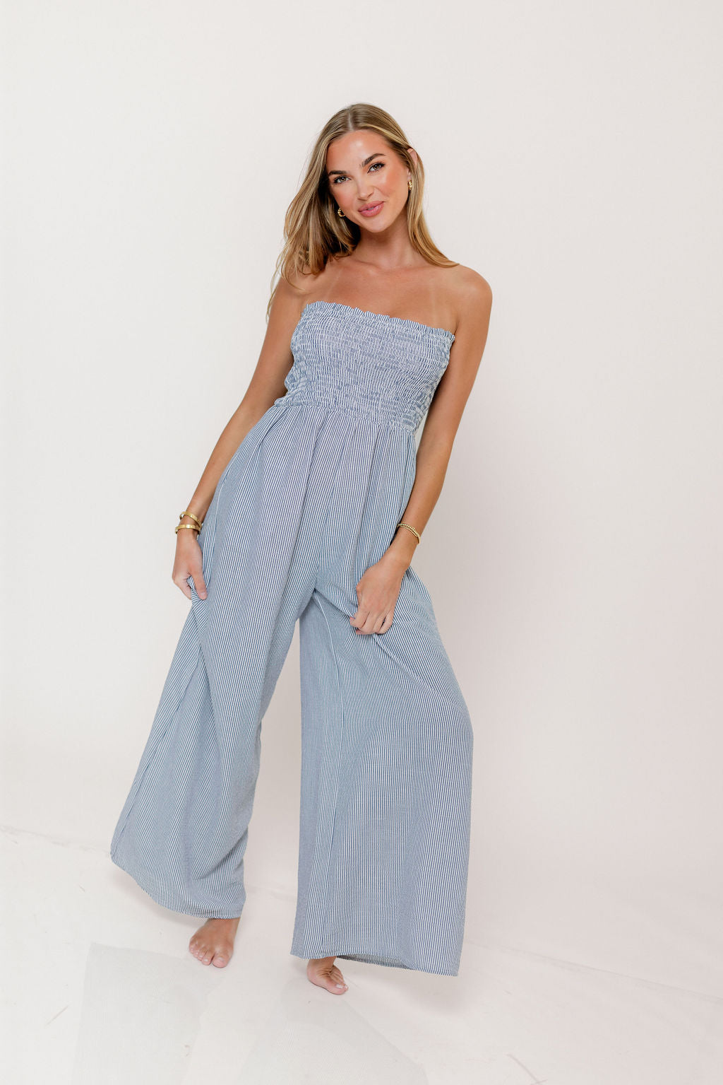 Garden Sun Smocked Jumpsuit in Blue