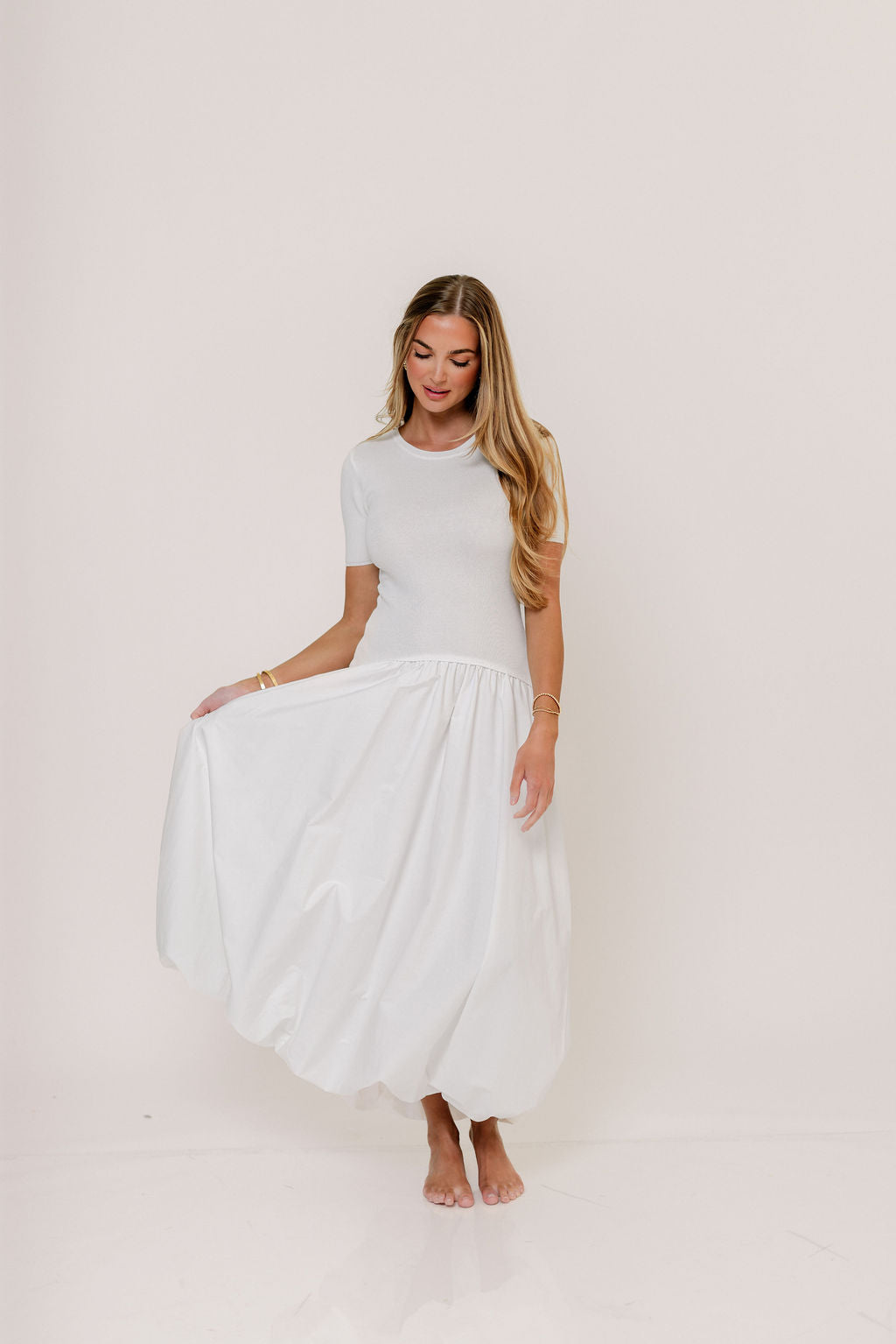 Zaniyah Bubble Skirt Midi Dress in White