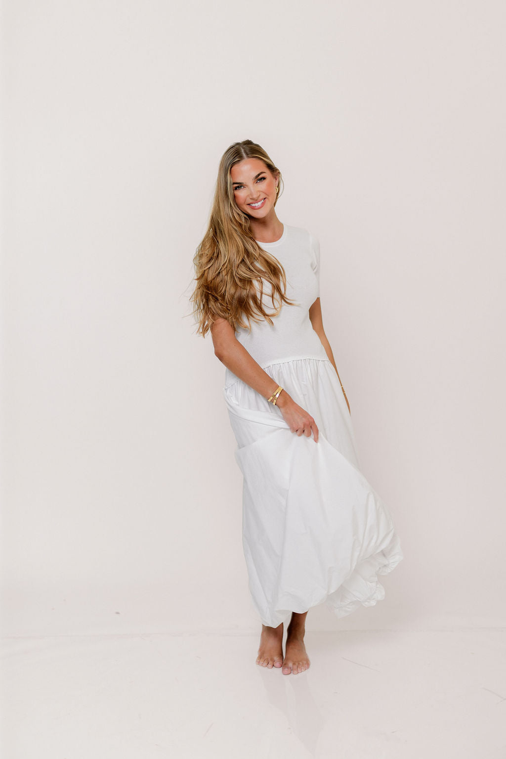 Zaniyah Bubble Skirt Midi Dress in White