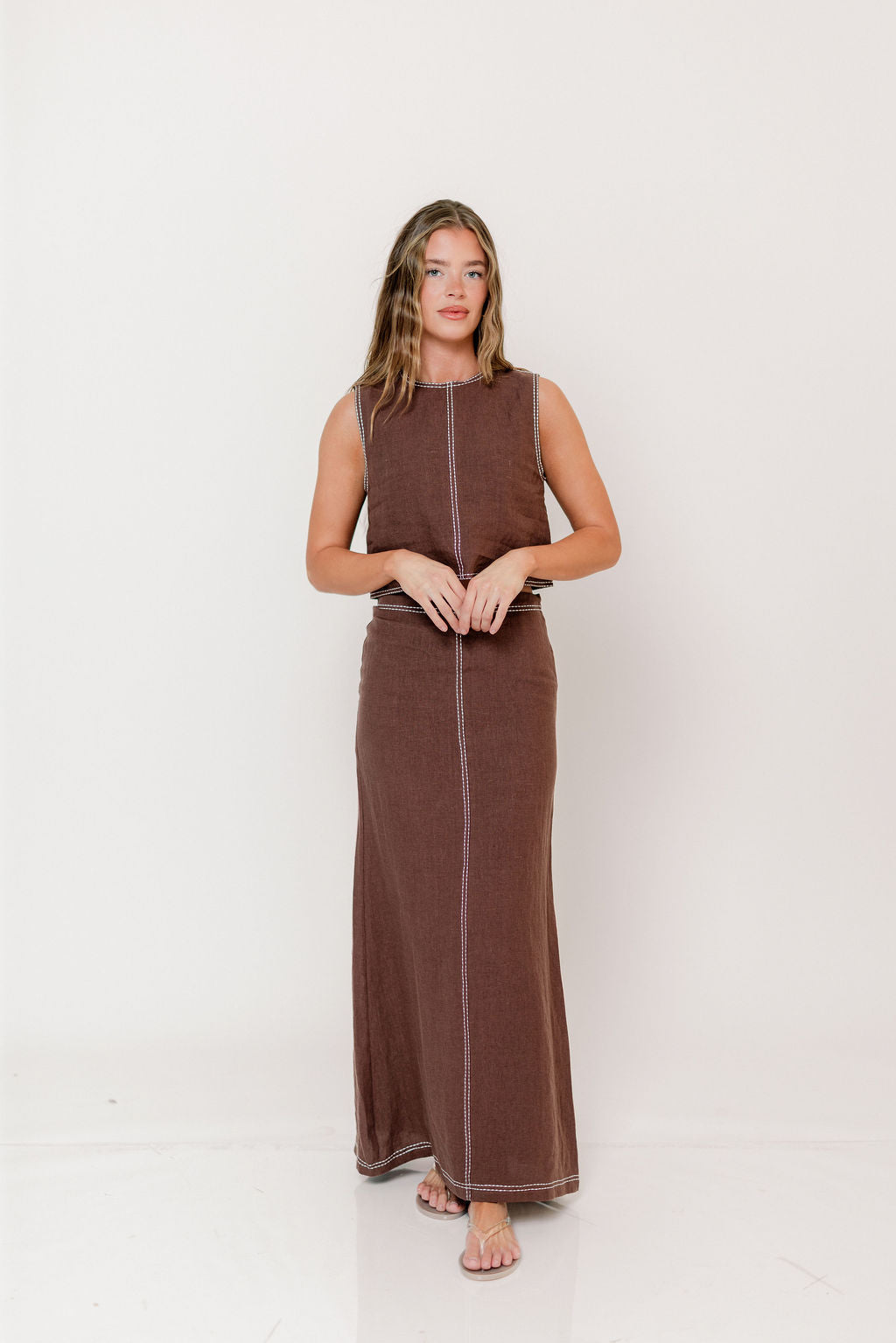Kenzy Contrast Stitch Linen Maxi Skirt in Brown