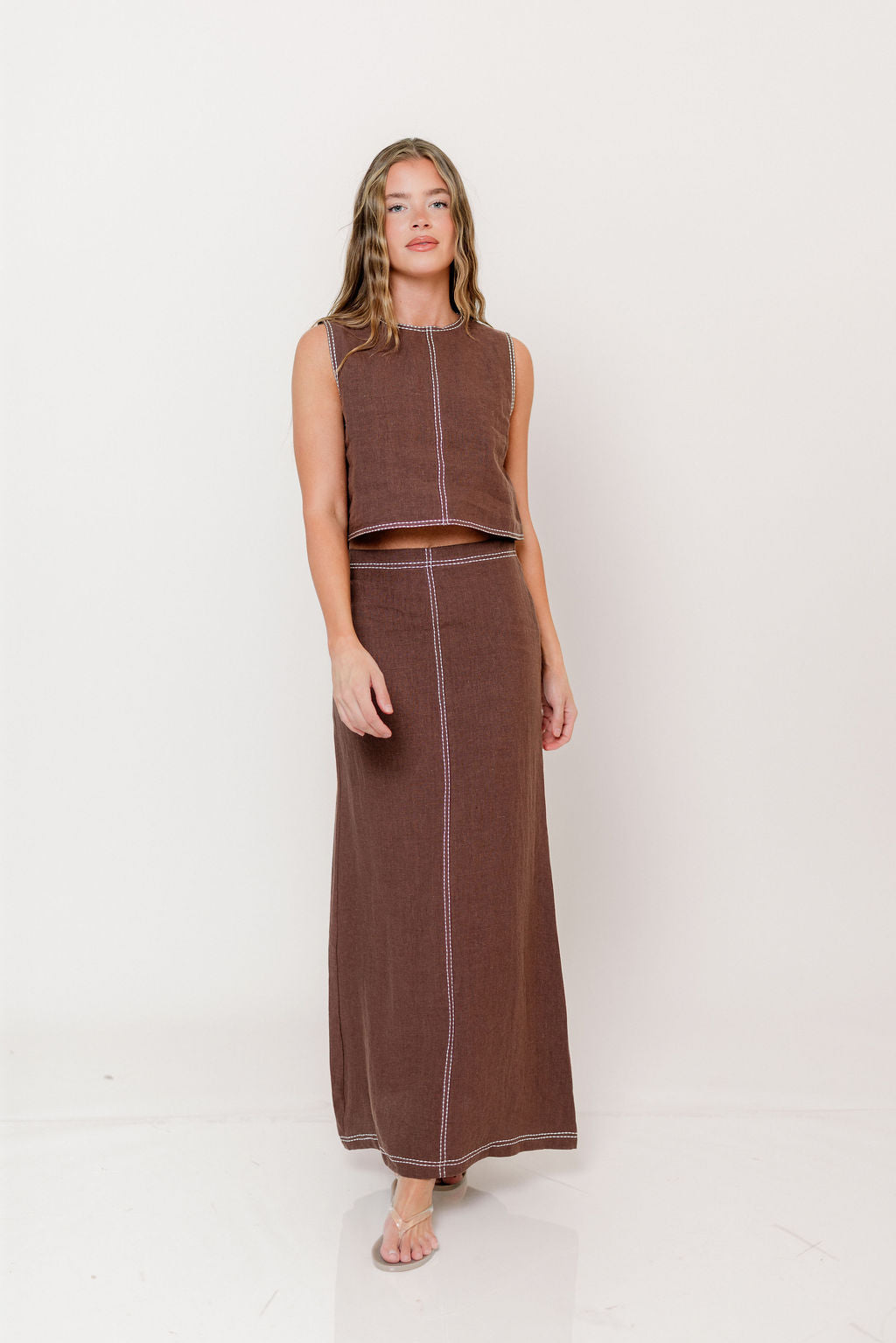 Kenzy Contrast Stitch Linen Maxi Skirt in Brown