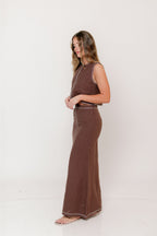 Kenzy Contrast Stitch Linen Maxi Skirt in Brown