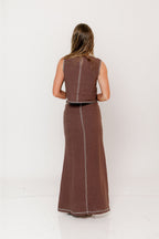 Kenzy Contrast Stitch Linen Maxi Skirt in Brown