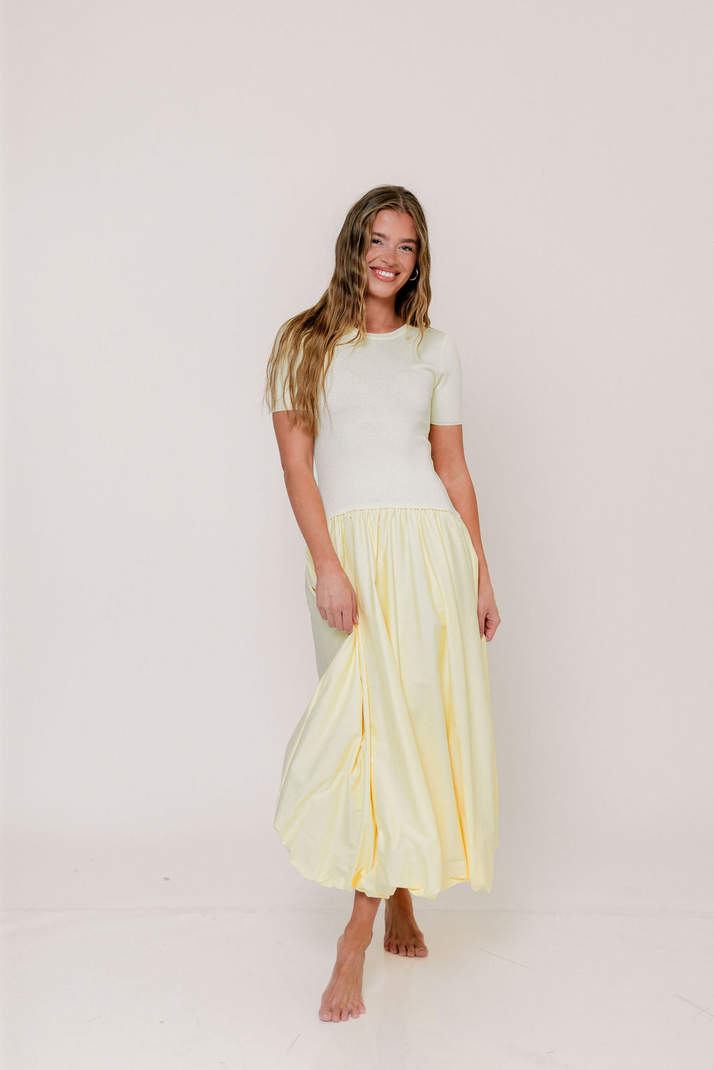 Zaniyah Bubble Skirt Midi Dress in Butter Yellow