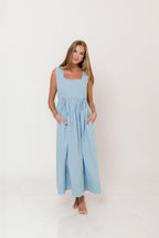 Jaylan 100% Cotton Chambray Maxi Dress in Light Blue