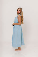 Jaylan 100% Cotton Chambray Maxi Dress in Light Blue