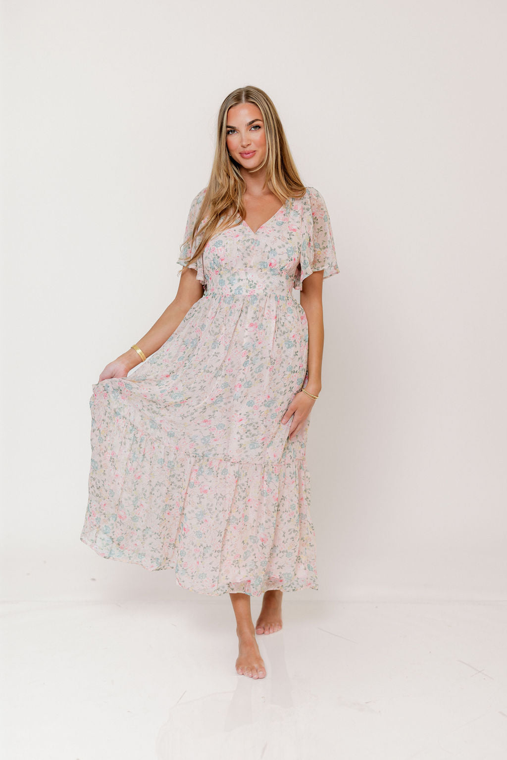 Val Flutter Sleeve Maxi Dress in Sweet Pink Floral