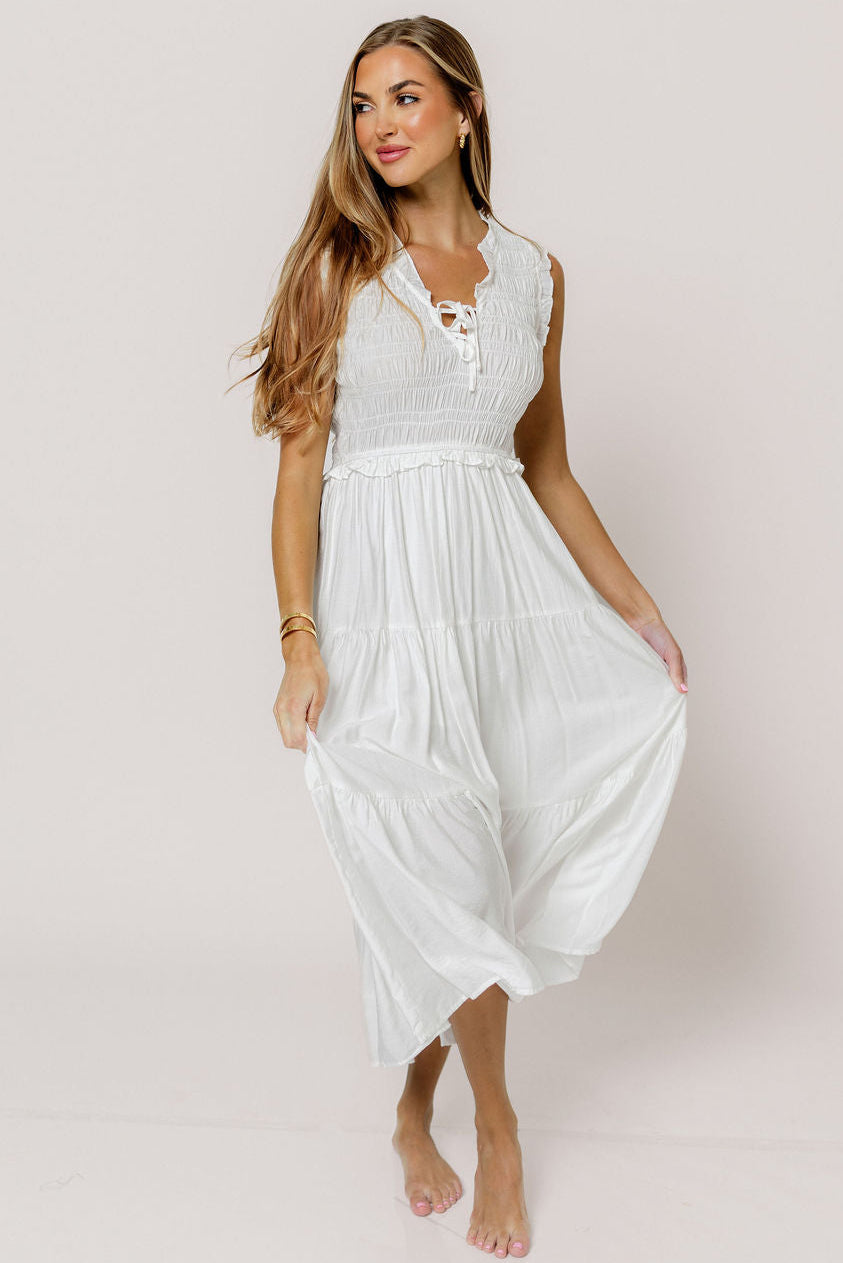 Meredith Smocked Midi Dress in Off White
