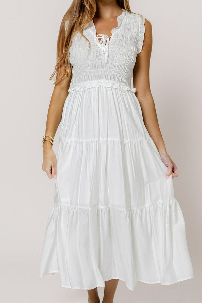 Meredith Smocked Midi Dress in Off White