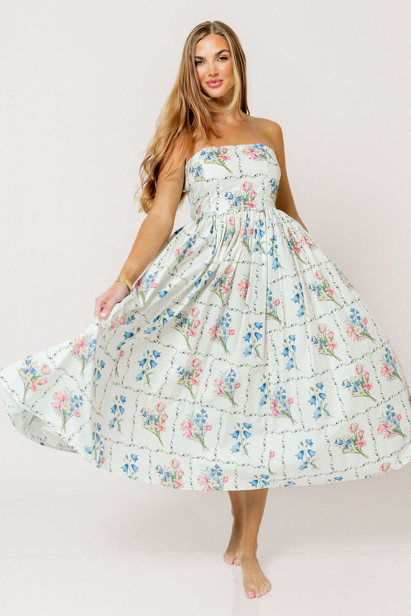 Kit Strapless Flare Floral Midi Dress in Multi