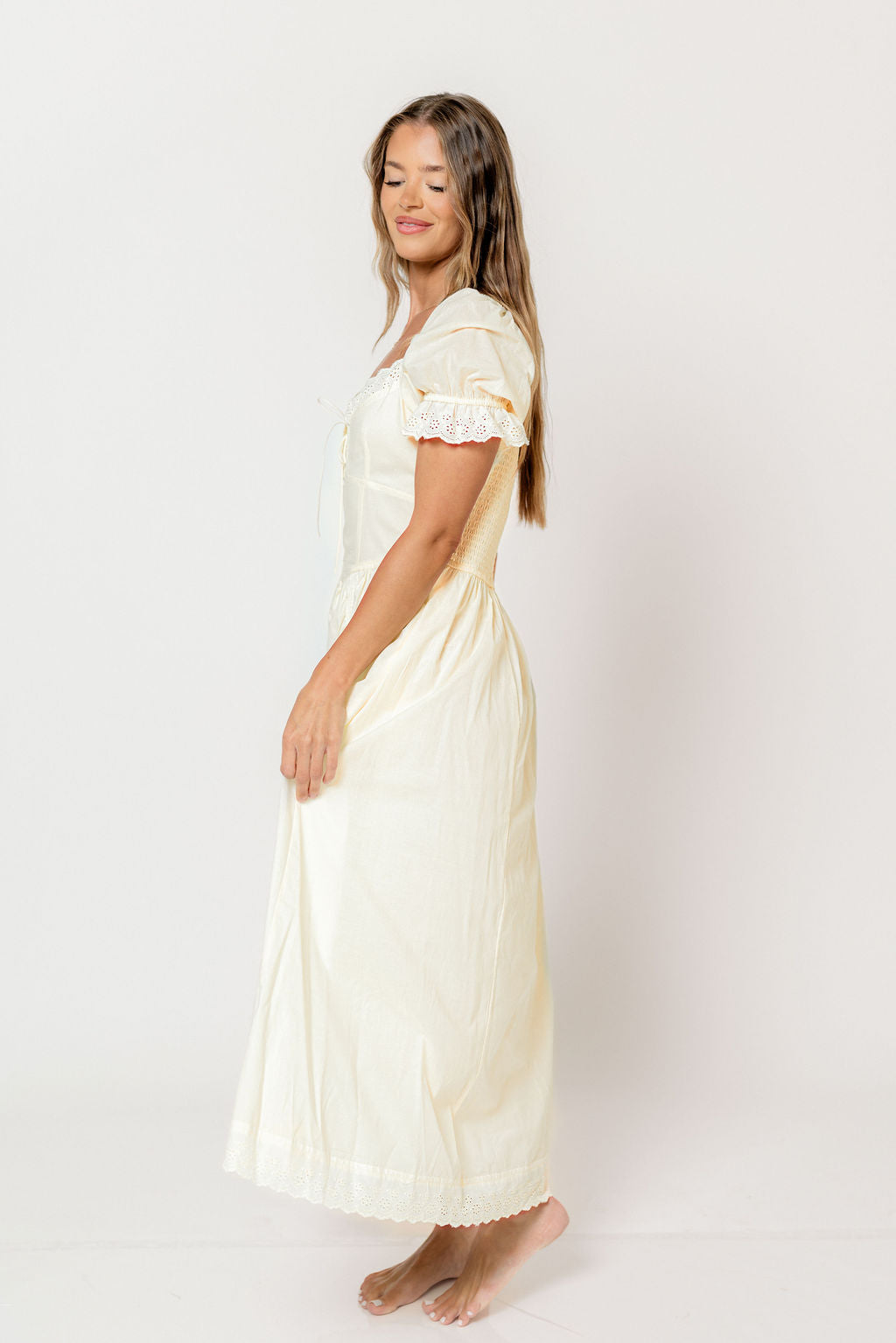 Bristol 100% Cotton Lace Detail Maxi Dress in Buttercream