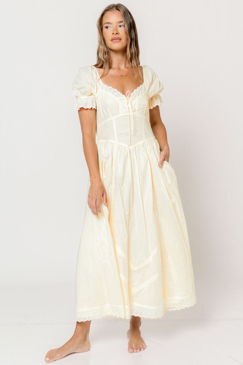 Bristol 100% Cotton Lace Detail Maxi Dress in Buttercream