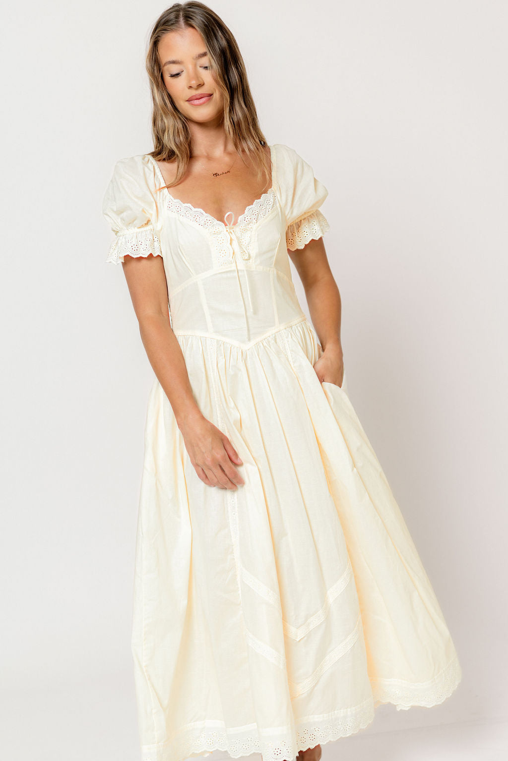 Bristol 100% Cotton Lace Detail Maxi Dress in Buttercream