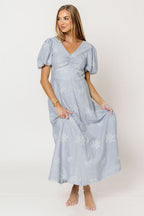 Selena Stripe Embroidered Puff Sleeve Midi Dress in Blue