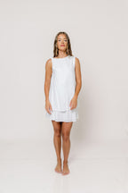 Serenity Linen Layered Twisted Shoulder Detail Mini Dress in White