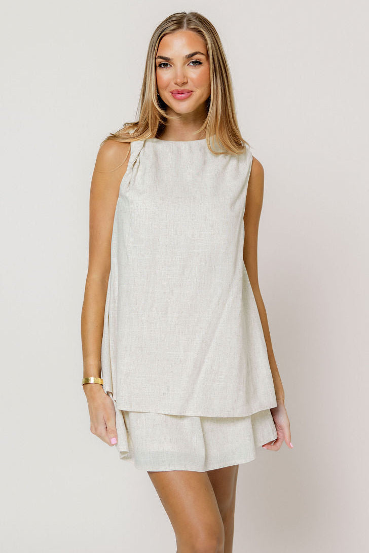 Serenity Linen Layered Twisted Shoulder Detail Mini Dress in Natural