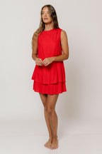 Serenity Linen Layered Twisted Shoulder Detail Mini Dress in Red