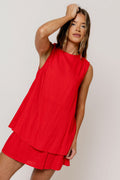 Serenity Linen Layered Twisted Shoulder Detail Mini Dress in Red