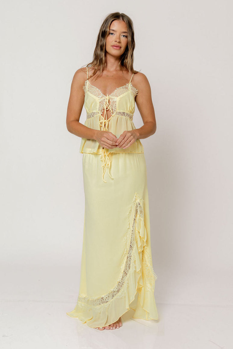 Kristian Lace Trim Front Tie Top and Side Split Maxi Skirt Set in Lemon