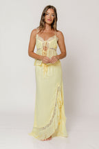 Kristian Lace Trim Front Tie Top and Side Split Maxi Skirt Set in Lemon