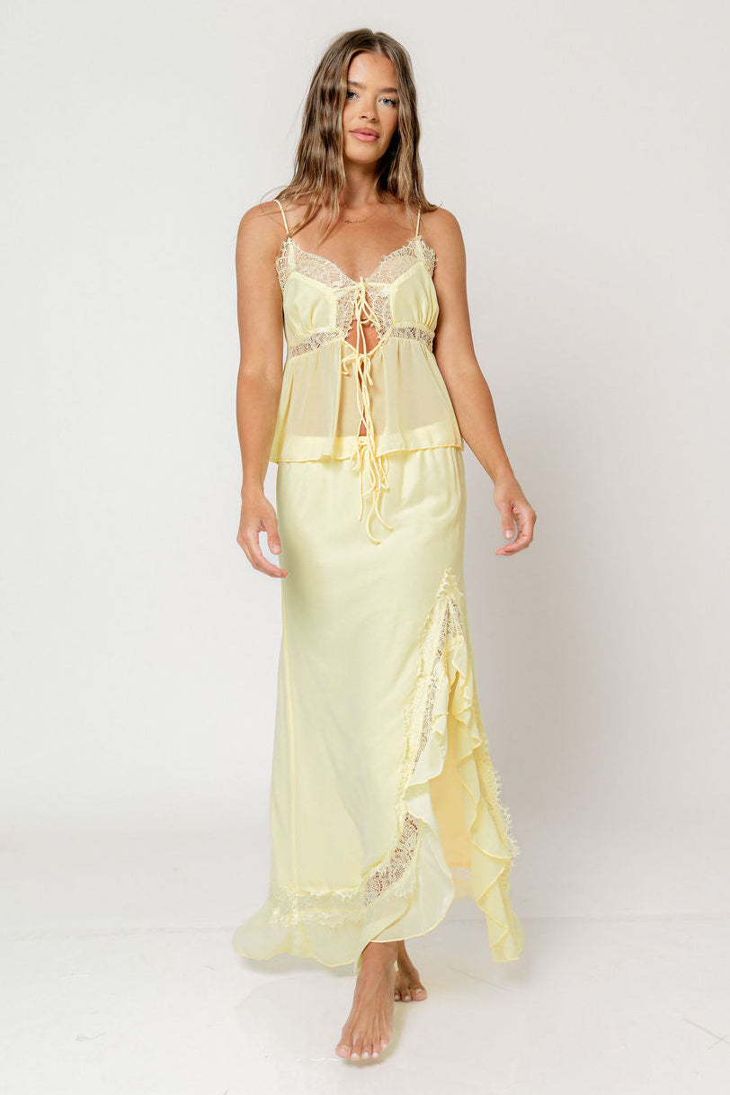Kristian Lace Trim Front Tie Top and Side Split Maxi Skirt Set in Lemon
