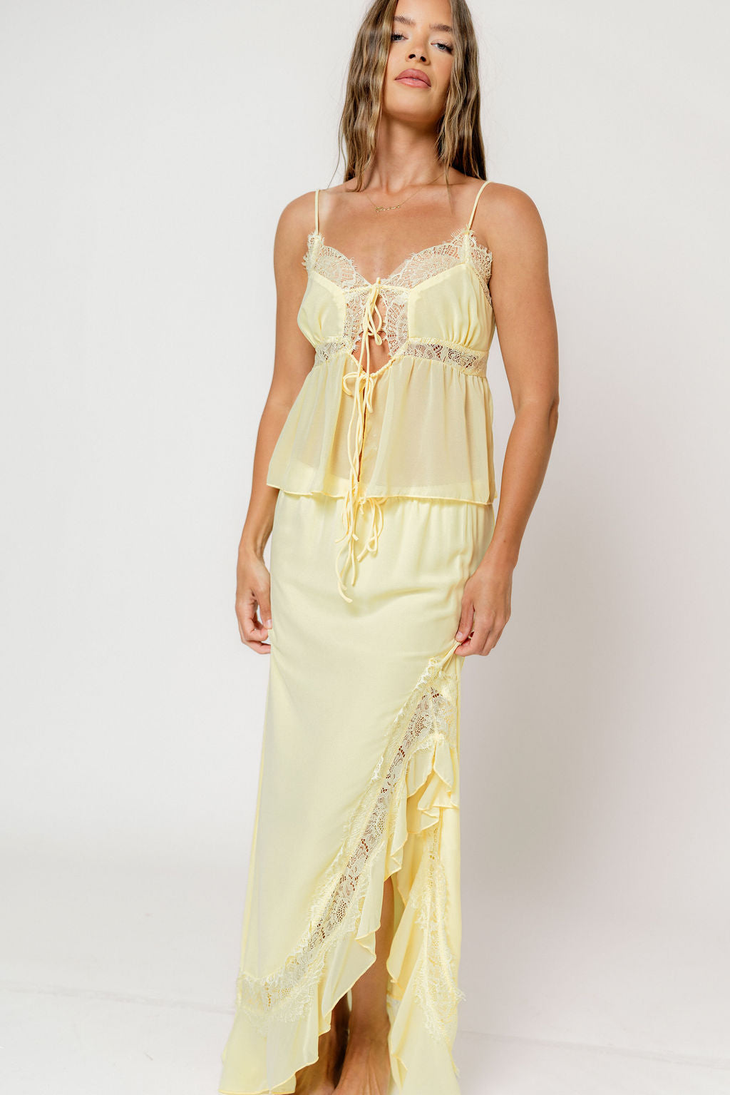 Kristian Lace Trim Front Tie Top and Side Split Maxi Skirt Set in Lemon