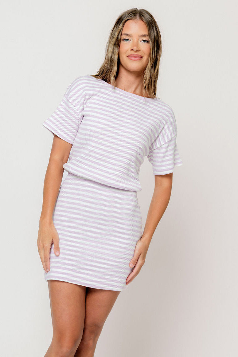 Liora Striped Mini Dress in Lavender/White