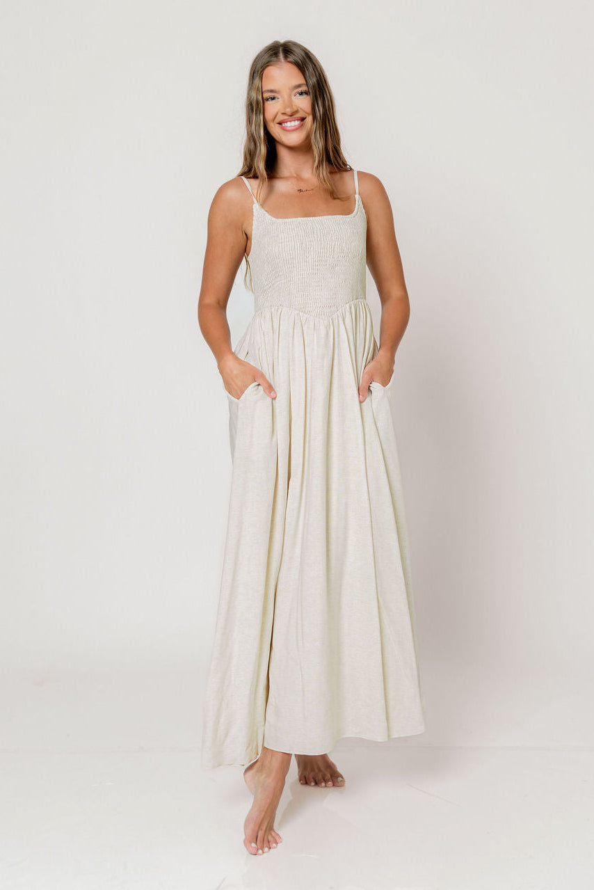 Josefina Smocked Maxi Dress in Light Natural - Bump Friendly