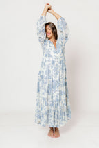 Anna Floral Button-Down Maxi Dress with Detachable Liner in Ivory/Blue - Bump Friendly