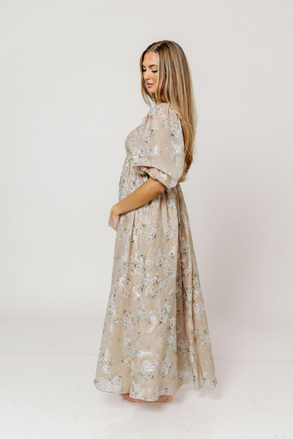 Mona Maxi Dress in Beige/Brown Floral - Bump Friendly (Restocking in July)