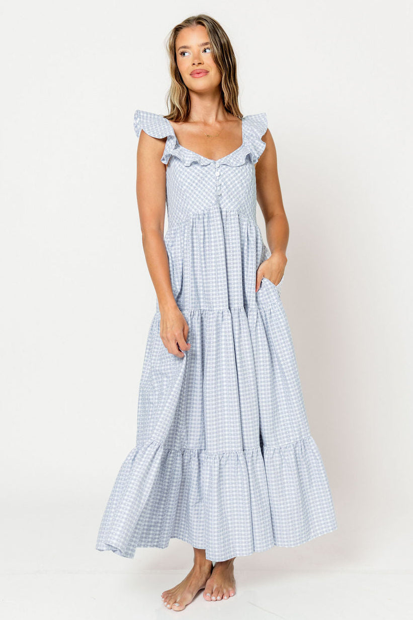 Kamden Heart Gingham Midi Dress in Blue