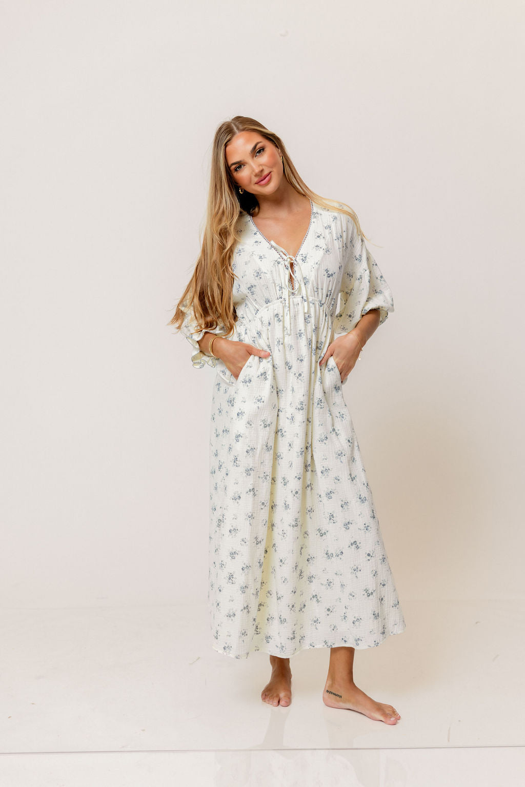 Hunter 100% Cotton Midi Dress with Eyelet Trimming in Blue Floral - Bump Friendly