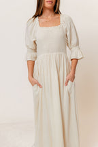 Sienna 100% Cotton Puff Sleeve Maxi Dress in Mute Pale Pink Plaid (Lined) - Bump Friendly