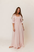 Sienna 100% Cotton Puff Sleeve Maxi Dress in Pale Pink Foliage - Bump Friendly